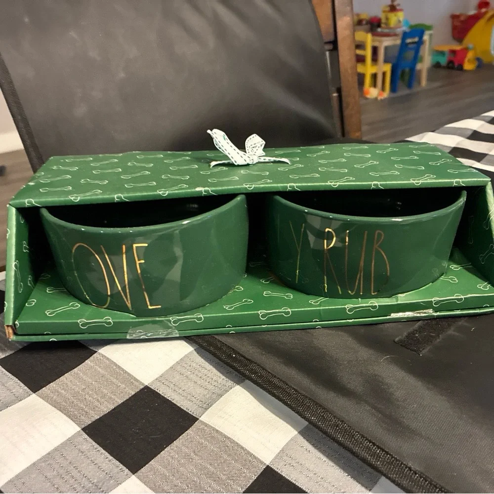 Green Ceramic Dog Bowls with Gold Lettering